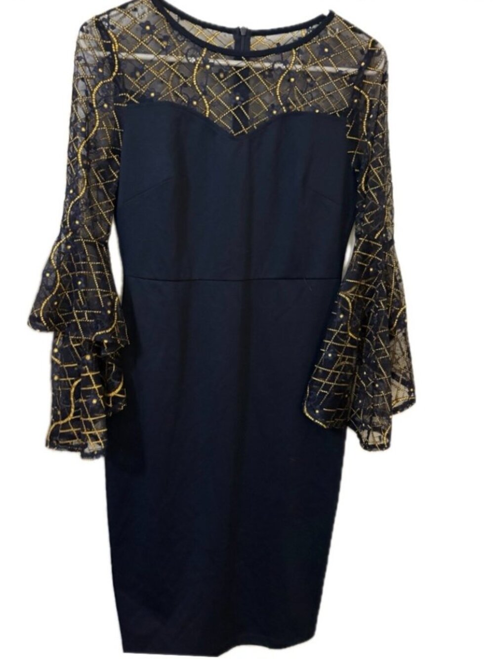 NWT VFSHOW Navy & Gold Embroidered Bell Sleeve Cocktail Dress Size S - Picture 2 of 3